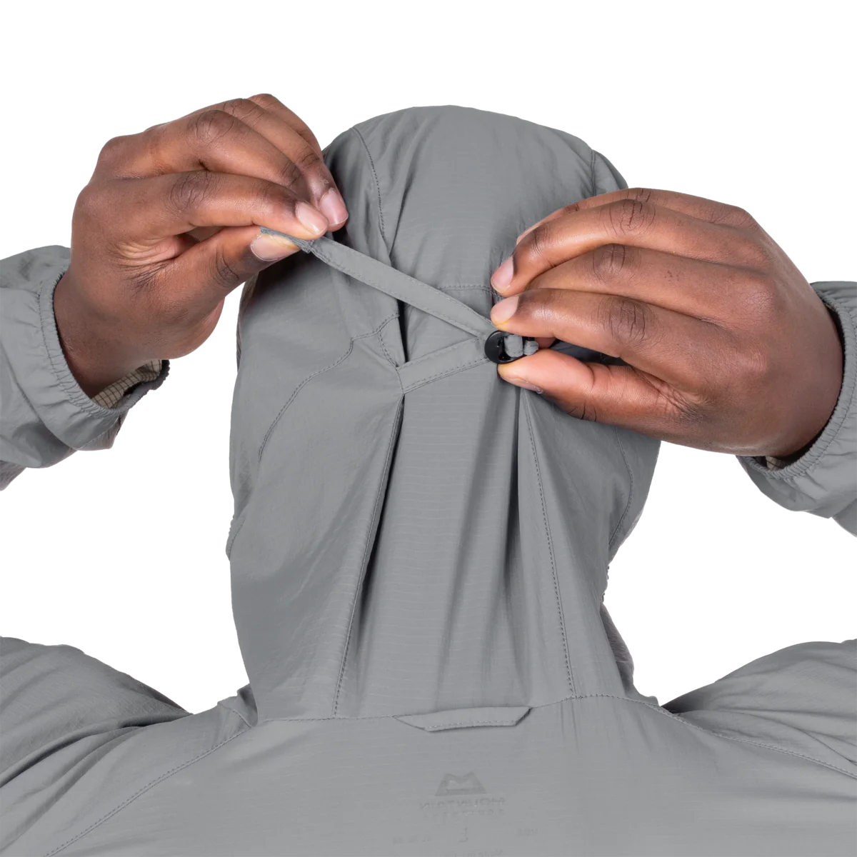 YKK moulded centre front zip detail on Mountain Equipment Aerofoil Hooded Men's Jacket in Tufa