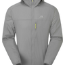 Mountain Equipment Aerofoil Hooded Men's Jacket in Tufa - front view showing EXOLITE 45 softshell fabric and active fit