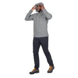 Mountain Equipment Aerofoil Hooded Men's Jacket in Tufa - hood up showing elastane-bound hood with rear adjustment