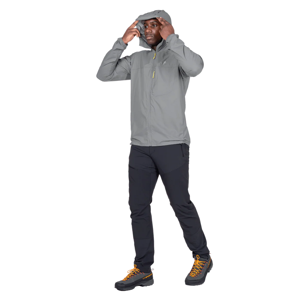 Mountain Equipment Aerofoil Hooded Men's Jacket in Tufa - hood up showing elastane-bound hood with rear adjustment