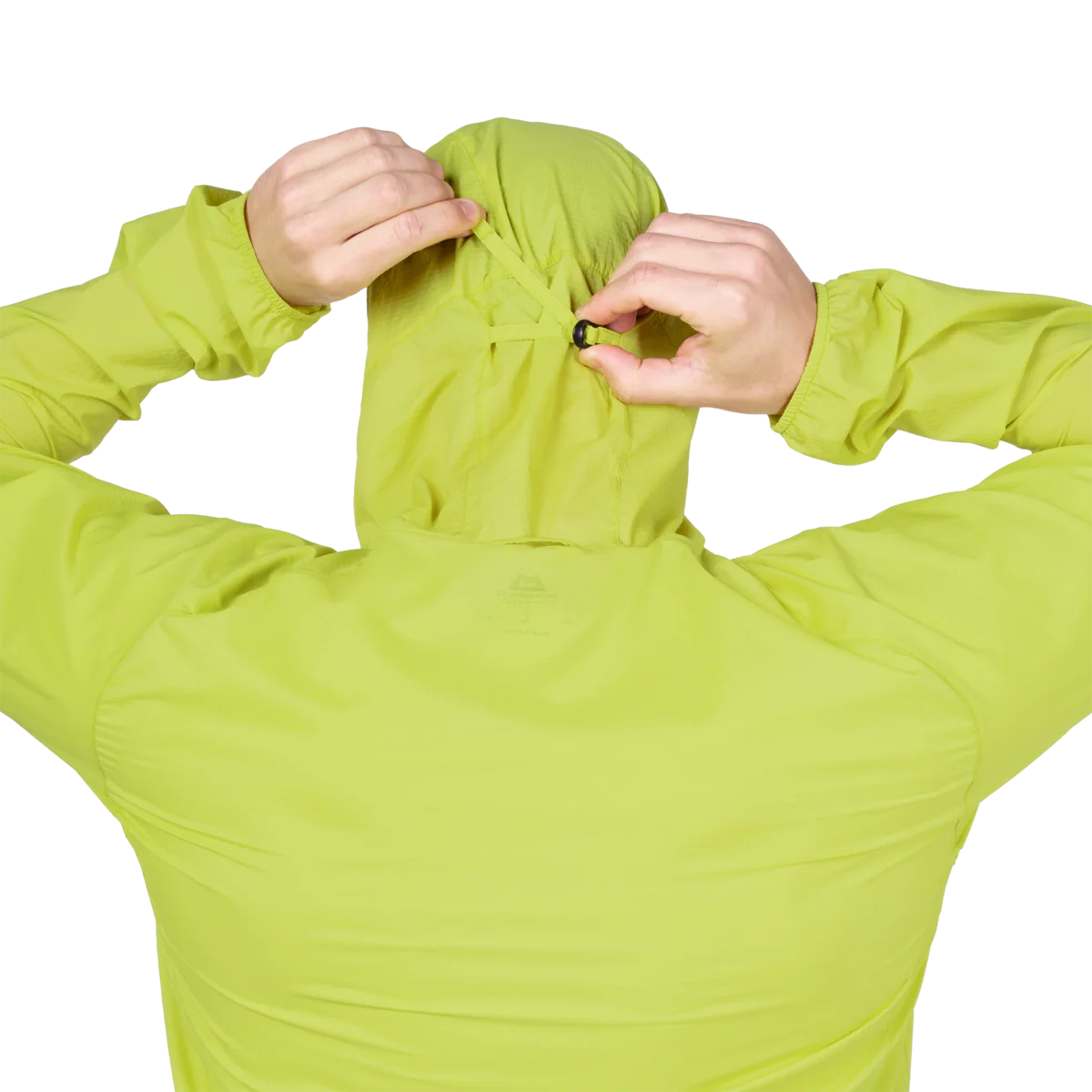 Zipped chest pocket detail on Mountain Equipment Aerofoil Hooded Men's Jacket in Vine Green doubling as stuff sack with twin karabiner carry loops