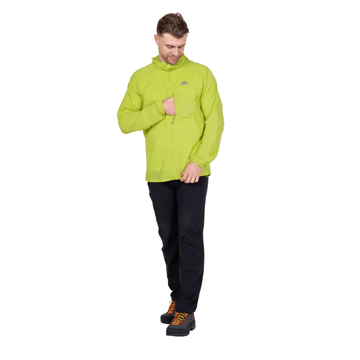 Mountain Equipment Aerofoil Hooded Men's Jacket in Vine Green - hood up showing elastane-bound hood with rear adjustment