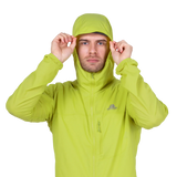 Mountain Equipment Aerofoil Hooded Men's Jacket in Vine Green - packed into chest pocket showing twin karabiner carry loops