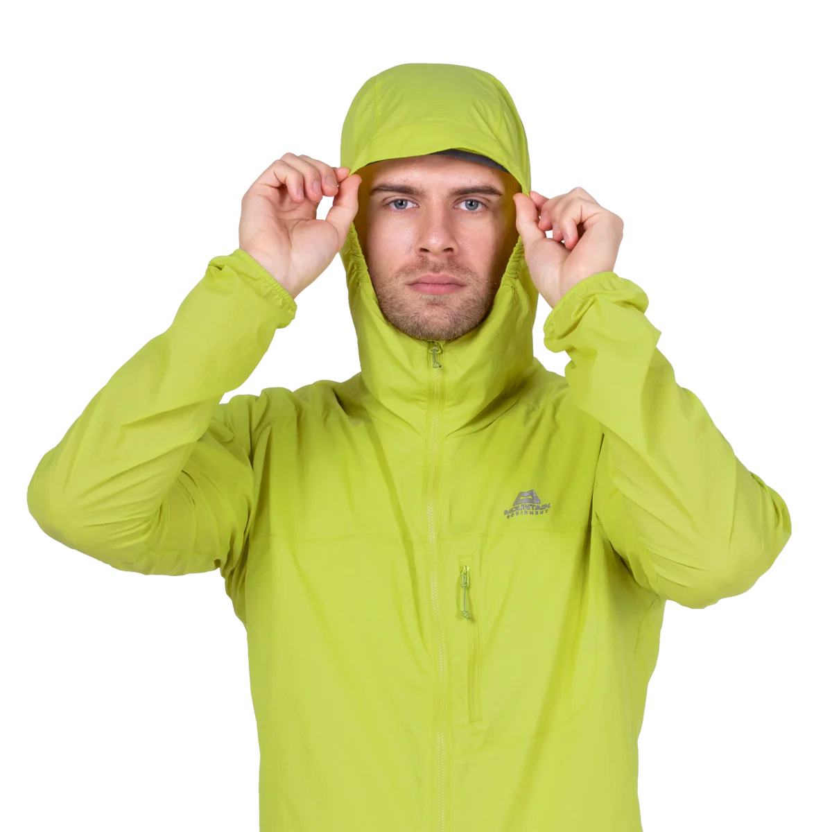 Mountain Equipment Aerofoil Hooded Men's Jacket in Vine Green - packed into chest pocket showing twin karabiner carry loops
