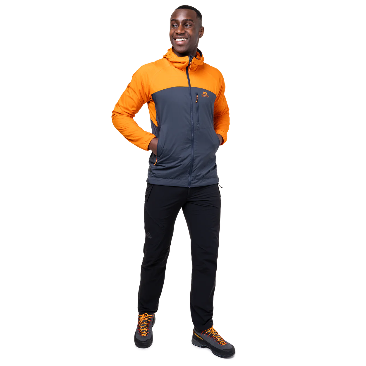 YKK moulded centre front zip detail on Mountain Equipment Aerotherm Men's Jacket in Blue Nights/Ember