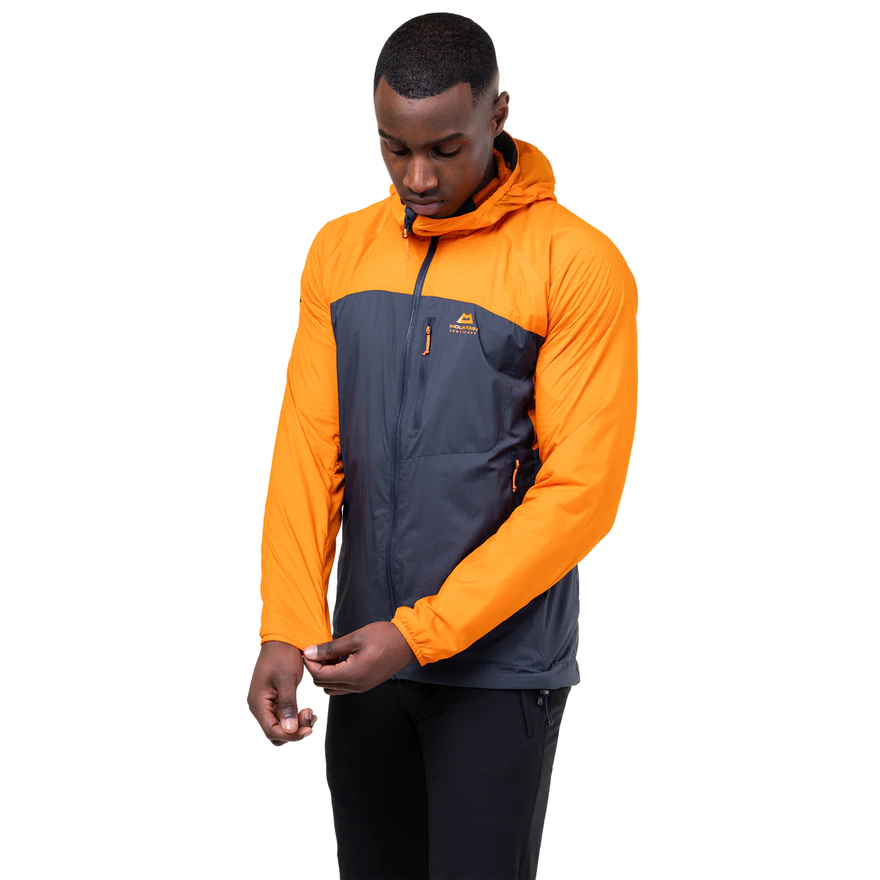 Mountain Equipment Aerotherm Men's Jacket in Blue Nights/Ember - front view showing EXOLITE 45 softshell fabric and active fit