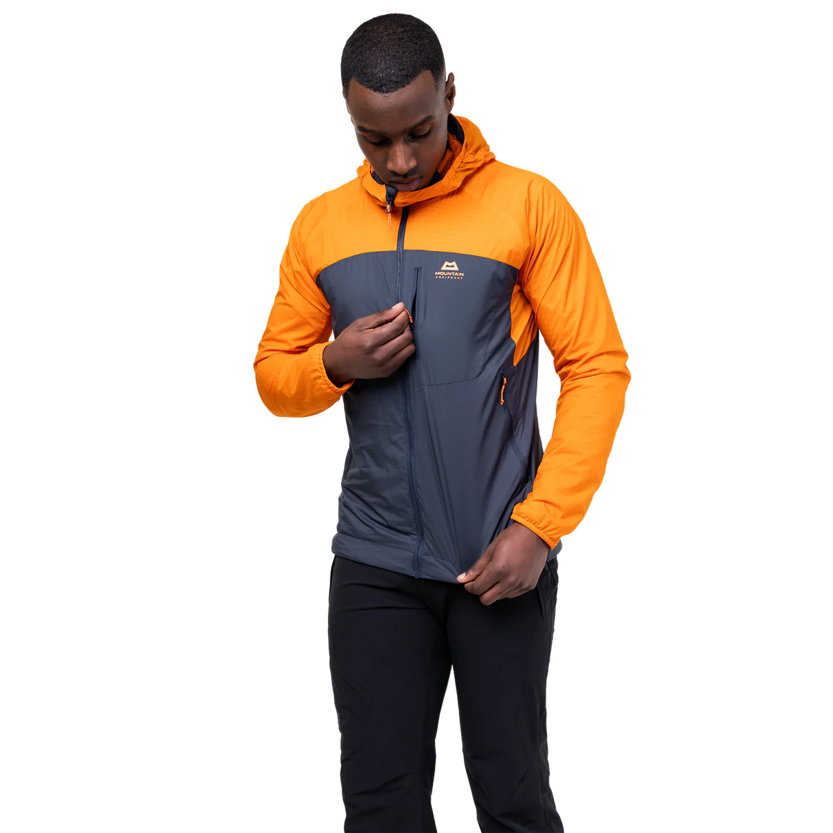 Zipped hand pocket detail on Mountain Equipment Aerotherm Men's Jacket in Blue Nights/Ember