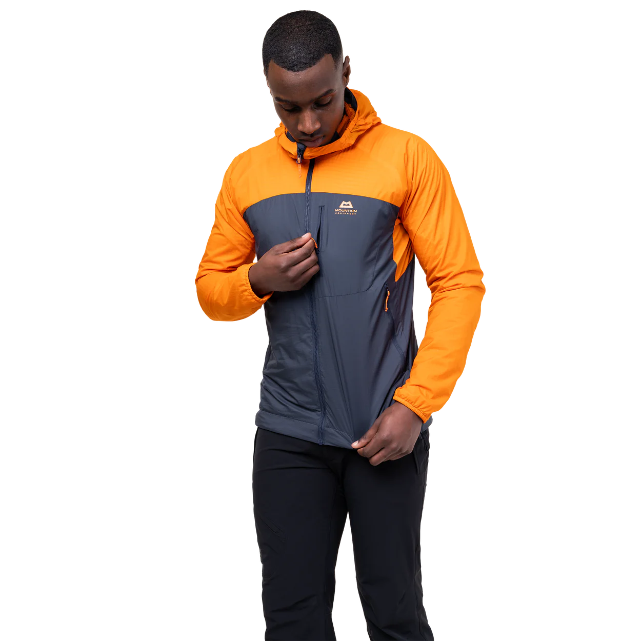 Zipped hand pocket detail on Mountain Equipment Aerotherm Men's Jacket in Blue Nights/Ember