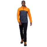 Mountain Equipment Aerotherm Men's Jacket in Blue Nights/Ember - hood up showing adjustable mountain hood with elastic border