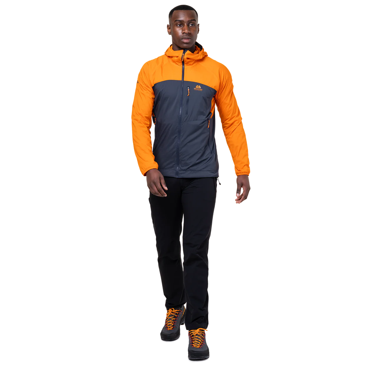 Mountain Equipment Aerotherm Men's Jacket in Blue Nights/Ember - hood up showing adjustable mountain hood with elastic border