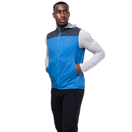 YKK moulded centre front zip detail on Mountain Equipment Aerotherm Men's Vest in Atlantic/Blue Nights