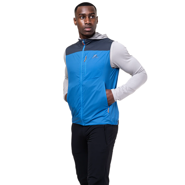YKK moulded centre front zip detail on Mountain Equipment Aerotherm Men's Vest in Atlantic/Blue Nights