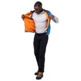 Zipped hand pocket detail on Mountain Equipment Aerotherm Men's Vest in Atlantic/Blue Nights