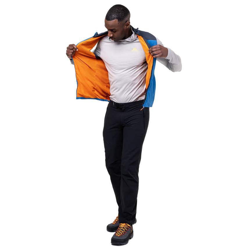 Zipped hand pocket detail on Mountain Equipment Aerotherm Men's Vest in Atlantic/Blue Nights