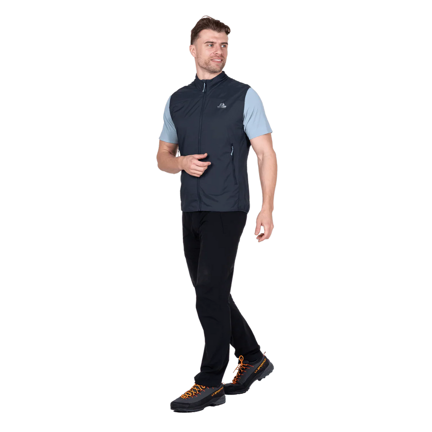 Zipped chest pocket detail on Mountain Equipment Aerotherm Men's Vest in Blue Nights doubling as stuff sack with twin karabiner carry loops
