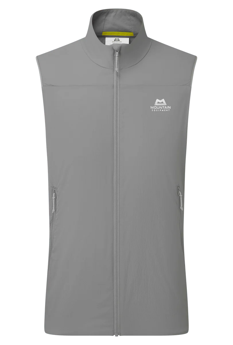 Mountain Equipment Aerotherm Men's Vest in Tufa - front view showing EXOLITE 45 softshell fabric and active fit