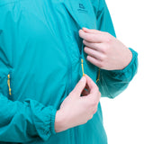 Zipped chest pocket detail on Mountain Equipment Aerotherm Women's Jacket in Jade doubling as stuff sack with twin karabiner carry loops