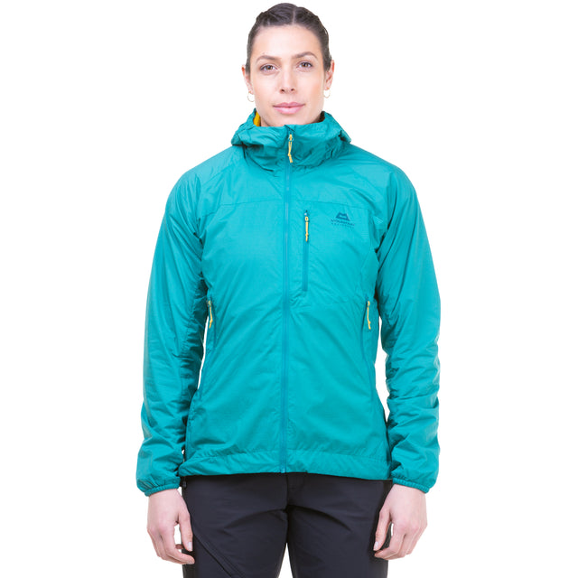 Mountain Equipment Aerotherm Women's Jacket in Jade - front view showing EXOLITE 45 softshell fabric and active fit