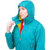 Mountain Equipment Aerotherm Women's Jacket in Jade - hood up showing mountain hood with elastic binding