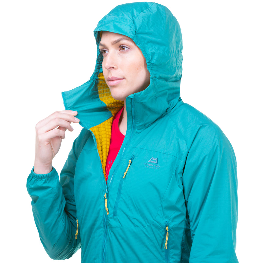 Mountain Equipment Aerotherm Women's Jacket in Jade - hood up showing mountain hood with elastic binding