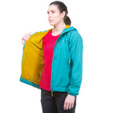 Mountain Equipment Aerotherm Women's Jacket in Jade - hood rolled away showing clean neckline