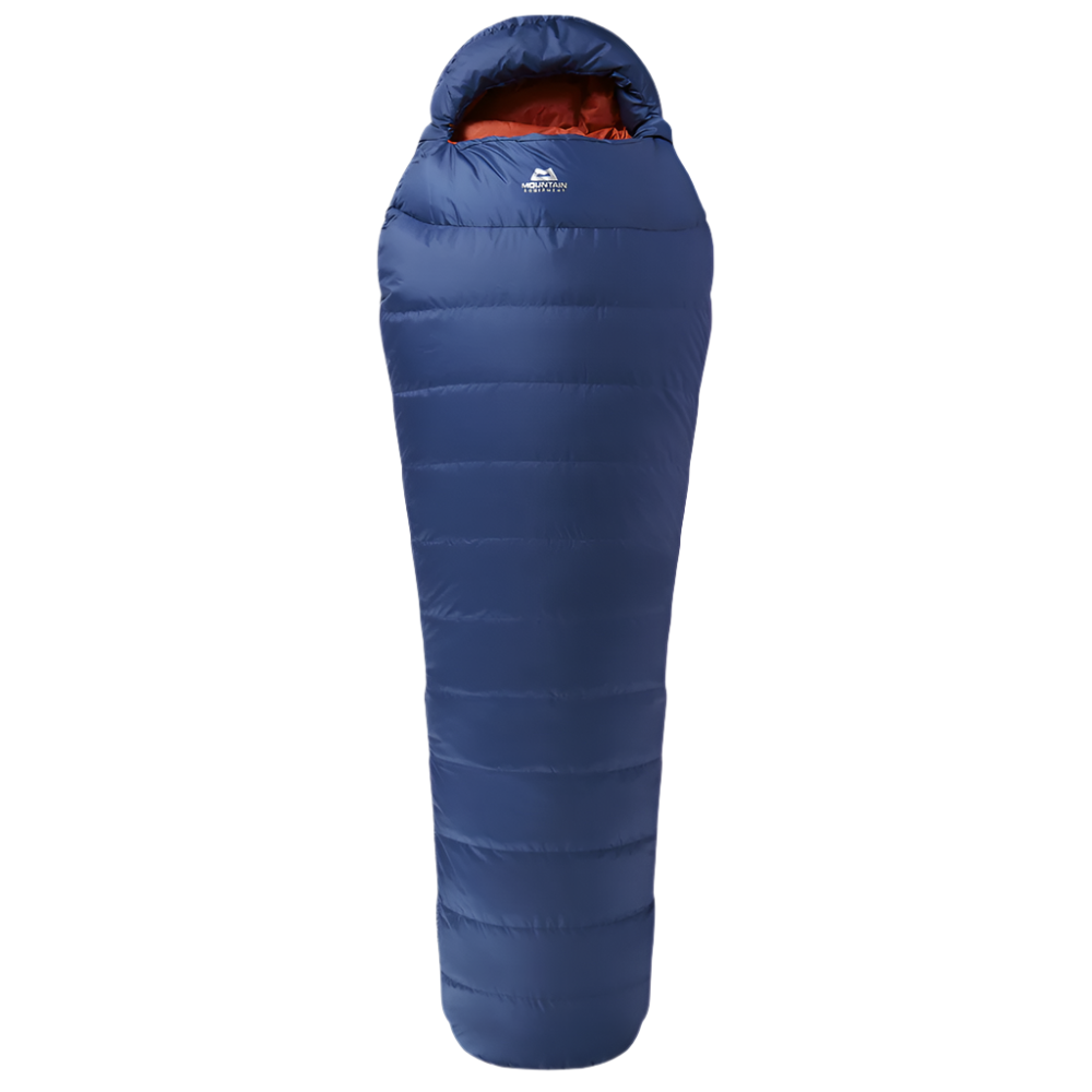 Mountain Equipment Classic Eco 300 Sleeping Bag in Dusk - full length view showing 700+ fill power recycled down and Mountain Fit construction