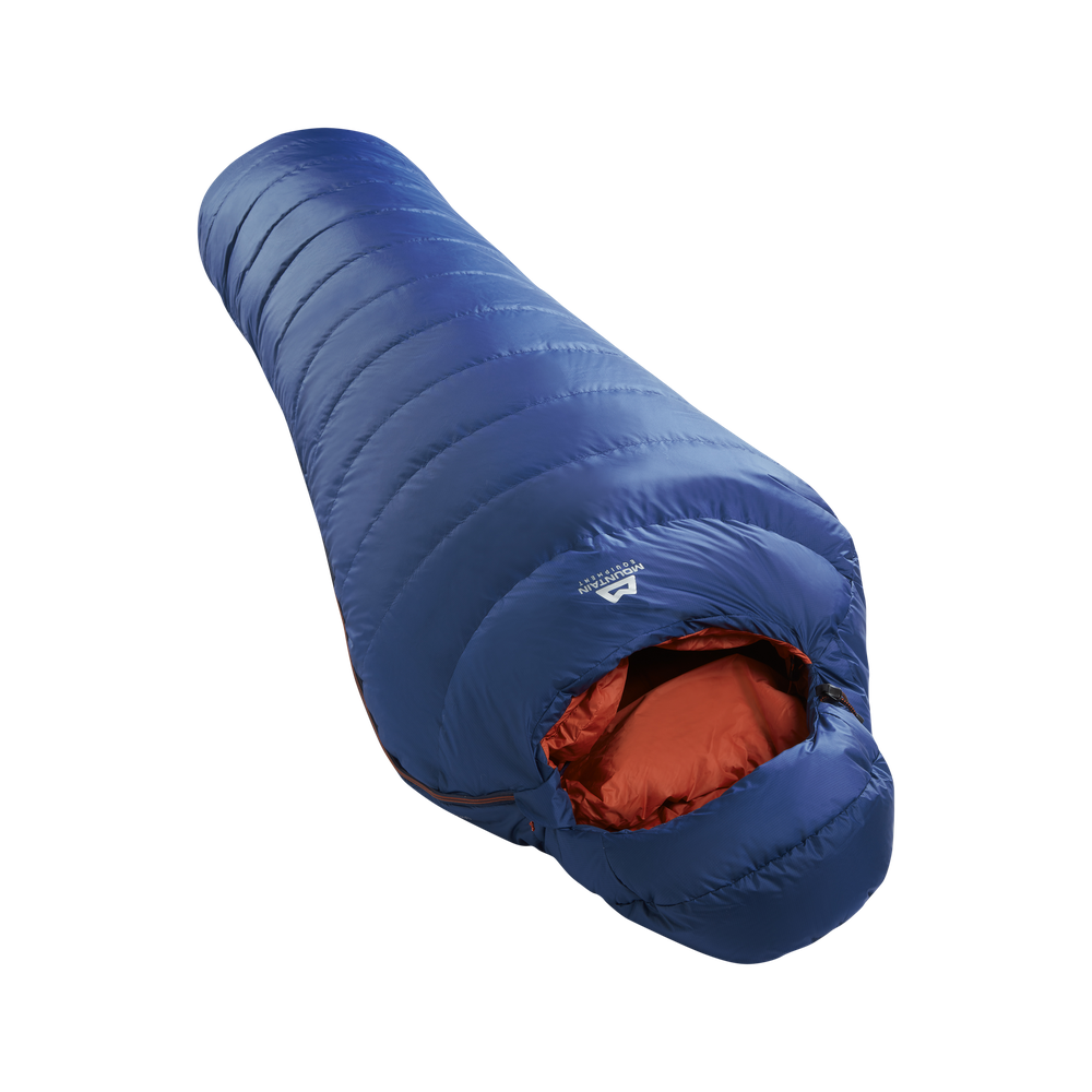 Mountain Equipment Classic Eco 300 Sleeping Bag in Dusk - top view showing 5-baffle anatomically shaped hood and Lode Lock magnetic closure