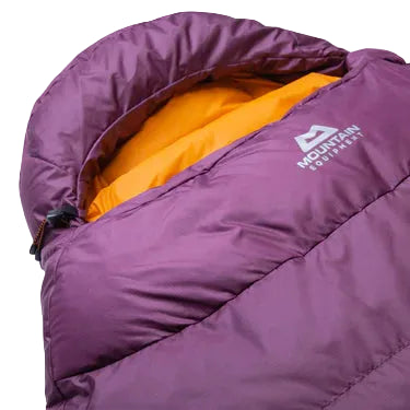 5-baffle hood with drawcord collar and Lode Lock magnetic closure detail on Mountain Equipment Classic Eco 300 Women's Sleeping Bag in Raisin