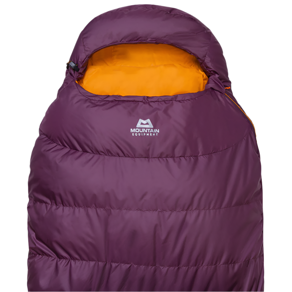 Mountain Equipment Classic Eco 300 Women's Sleeping Bag in Raisin - side view showing full-length Gemini zip baffle and slanted box-wall baffle construction