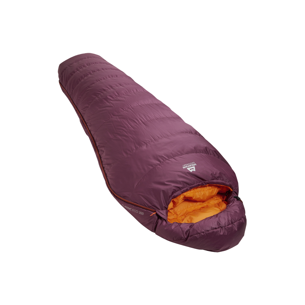 Mountain Equipment Classic Eco 300 Women's Sleeping Bag in Raisin - top view showing 5-baffle anatomically shaped hood and Lode Lock magnetic closure