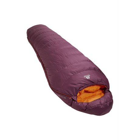 Mountain Equipment Classic Eco 300 Women's Sleeping Bag in Raisin - top view showing 5-baffle anatomically shaped hood and Lode Lock magnetic closure