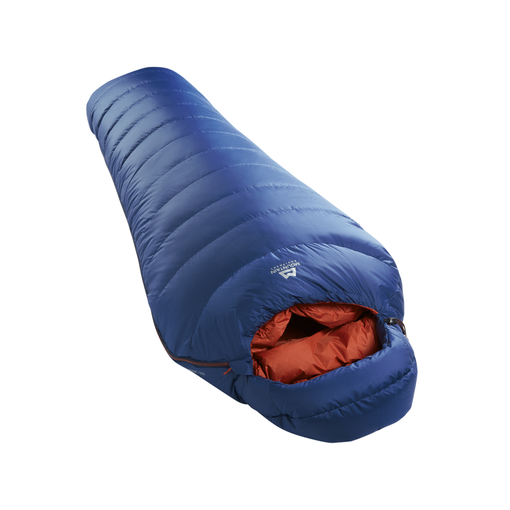 Mountain Equipment Classic Eco 500 Sleeping Bag in Dusk - full length view showing spacious Mountain Fit and slanted box-wall baffle construction