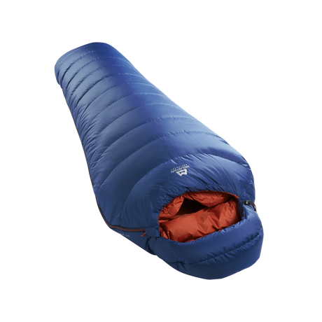 Mountain Equipment Classic Eco 500 Sleeping Bag in Dusk - full length view showing spacious Mountain Fit and slanted box-wall baffle construction