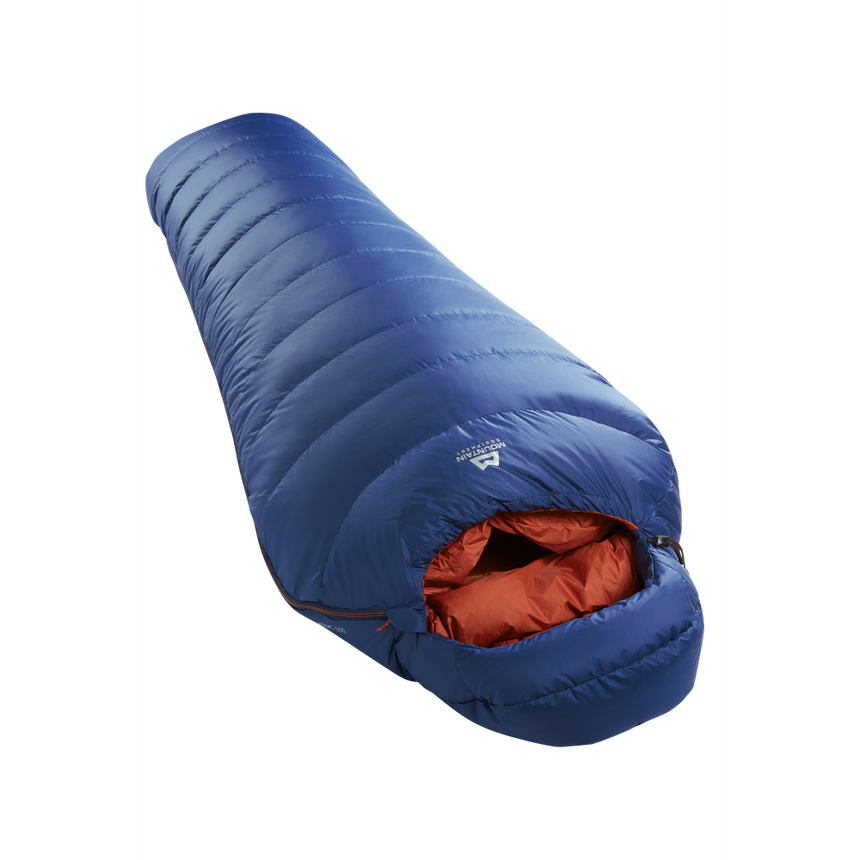 Mountain Equipment Classic Eco 500 Sleeping Bag in Dusk - full length view showing spacious Mountain Fit and slanted box-wall baffle construction
