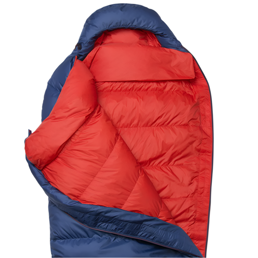 Mountain Equipment Classic Eco 500 Sleeping Bag in Dusk - side view showing full-length Gemini zip baffle and slanted box-wall baffle construction