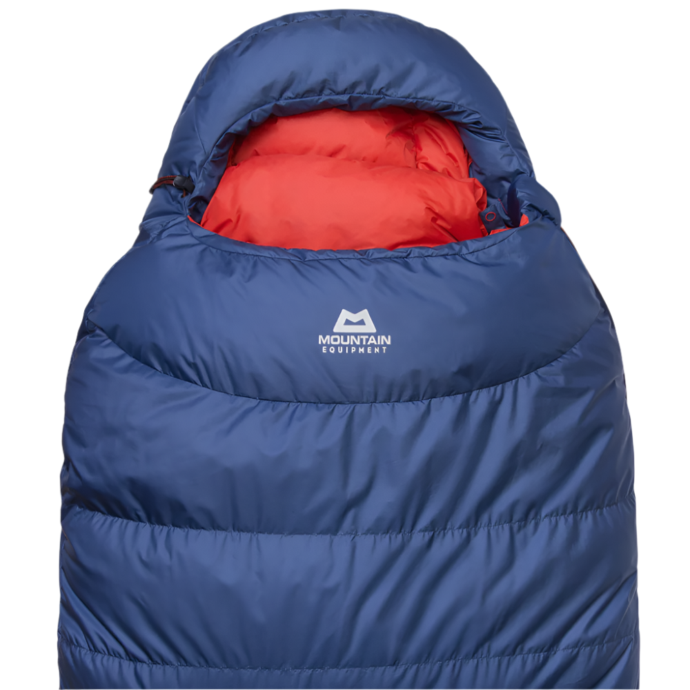 Mountain Equipment Classic Eco 500 Sleeping Bag in Dusk - top view showing 5-baffle anatomically shaped hood and Lode Lock magnetic closure