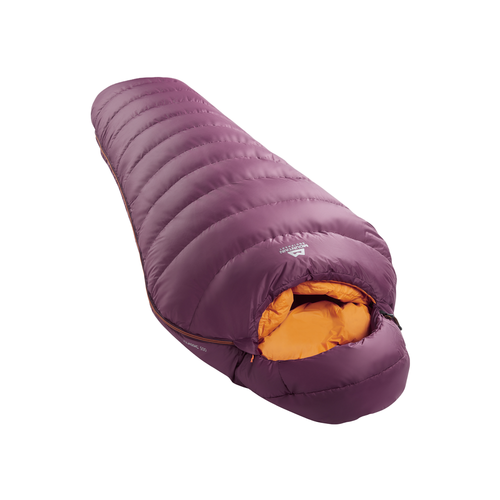 Mountain Equipment Classic Eco 500 Women's Sleeping Bag in Raisin - full length view showing spacious Mountain Fit and slanted box-wall baffle construction