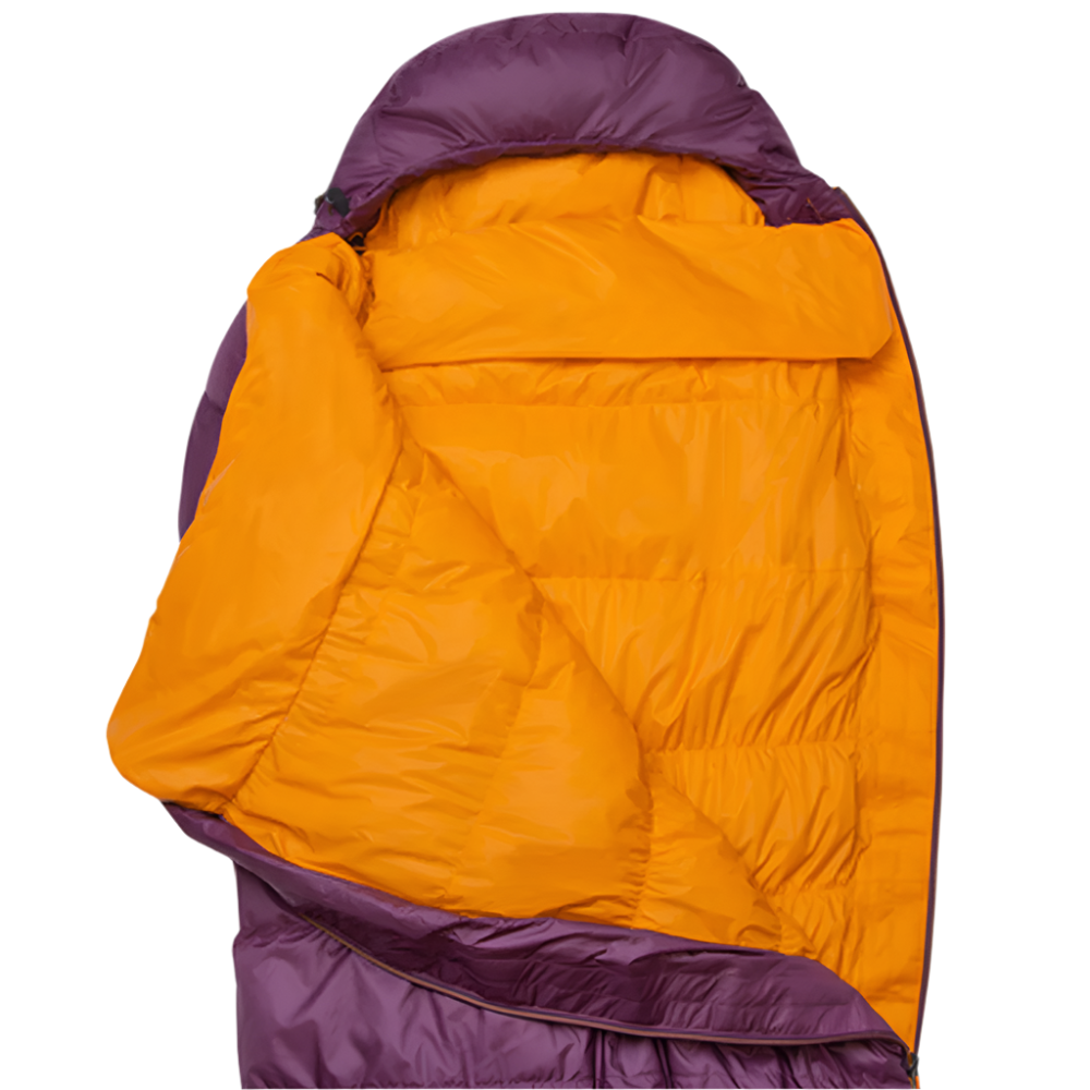 Mountain Equipment Classic Eco 500 Women's Sleeping Bag in Raisin - lifestyle view showing versatile recycled down sleeping bag for trekking and mountaineering
