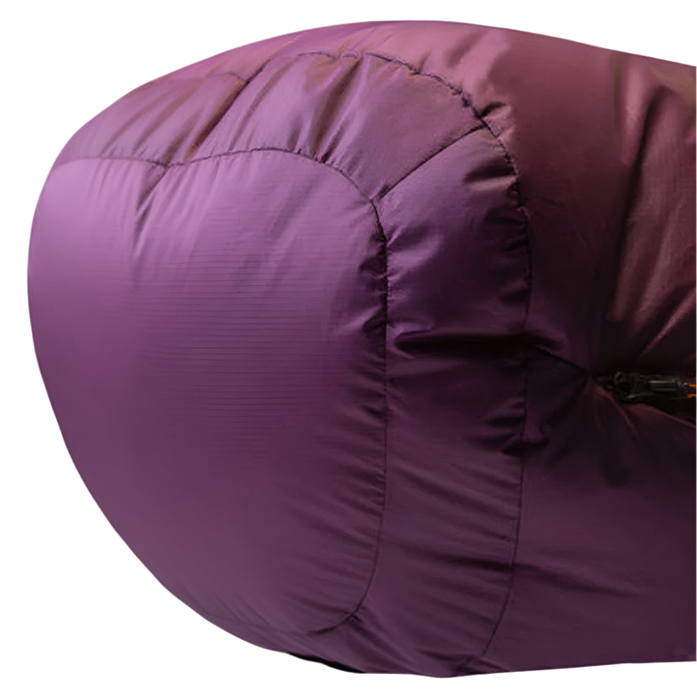 Mountain Equipment Classic Eco 500 Women's Sleeping Bag in Raisin - side view showing full-length Gemini zip baffle and slanted box-wall baffle construction