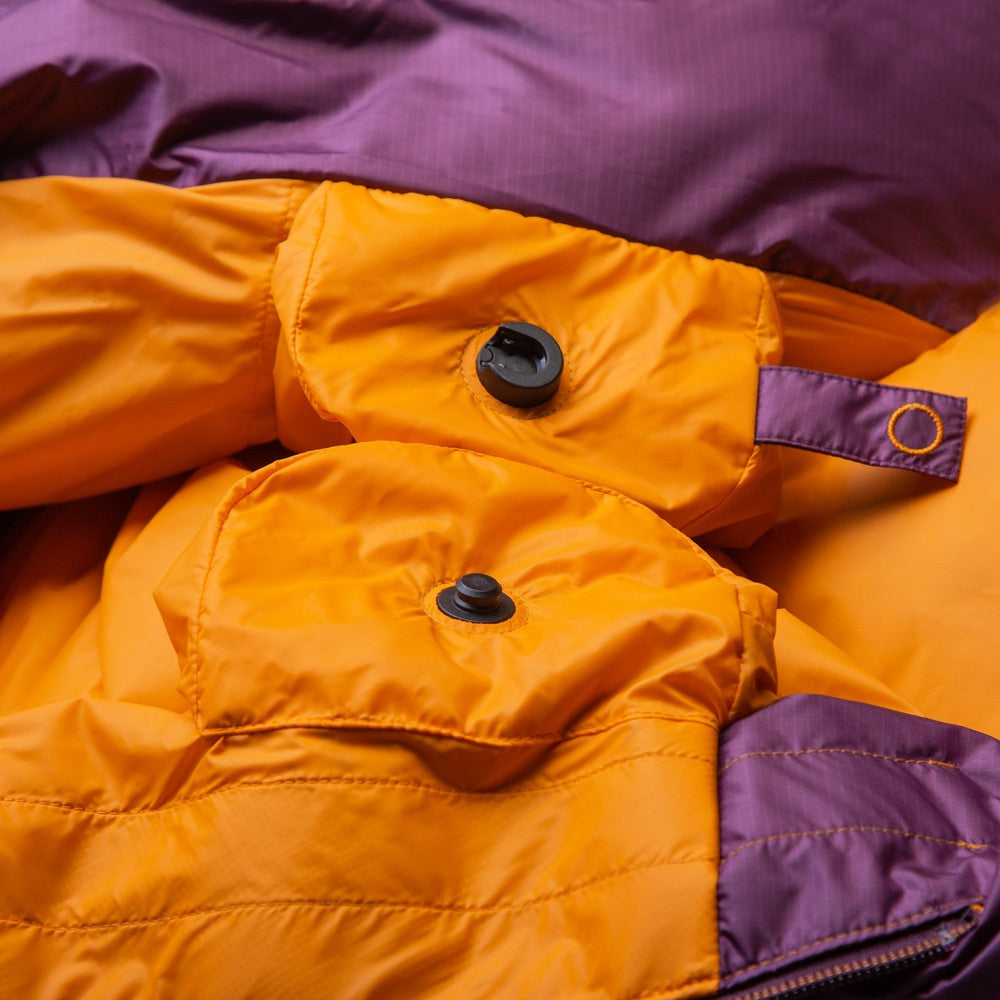 Mountain Equipment Classic Eco 500 Women's Sleeping Bag in Raisin - top view showing 5-baffle anatomically shaped hood and Lode Lock magnetic closure