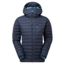 Mountain Equipment Earthrise Hooded Women's Jacket in Cosmos - front view showing 100% recycled down insulation and stitch-through baffle construction