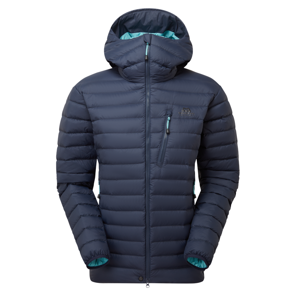 Mountain Equipment Earthrise Hooded Women's Jacket in Cosmos - front view showing 100% recycled down insulation and stitch-through baffle construction