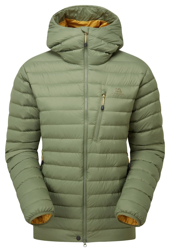 Mountain Equipment Earthrise Hooded Women's Jacket in Four Leaf Clover - front view showing 100% recycled down insulation and stitch-through baffle construction