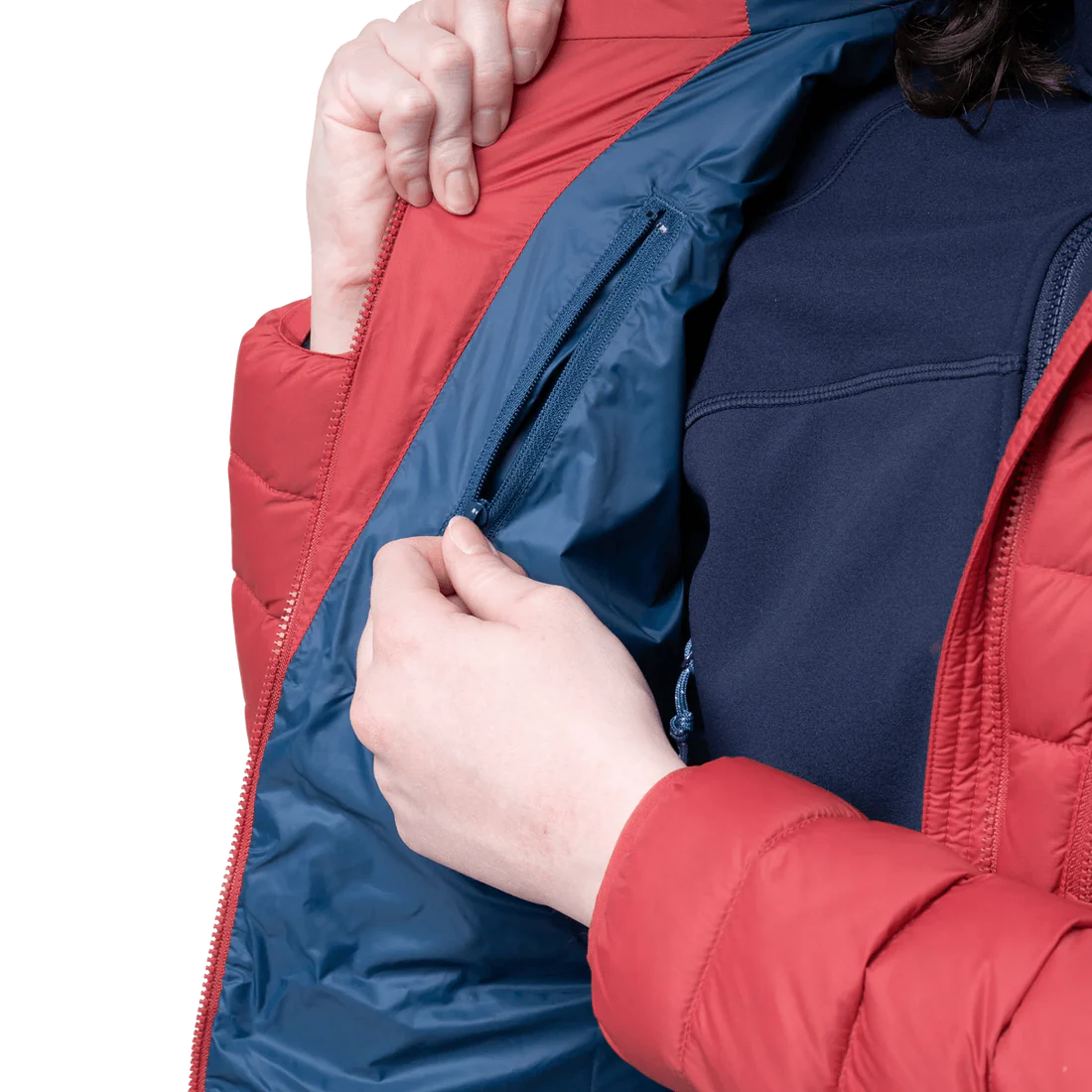 Zipped chest pocket detail on Mountain Equipment Earthrise Hooded Women's Jacket in Rosewood