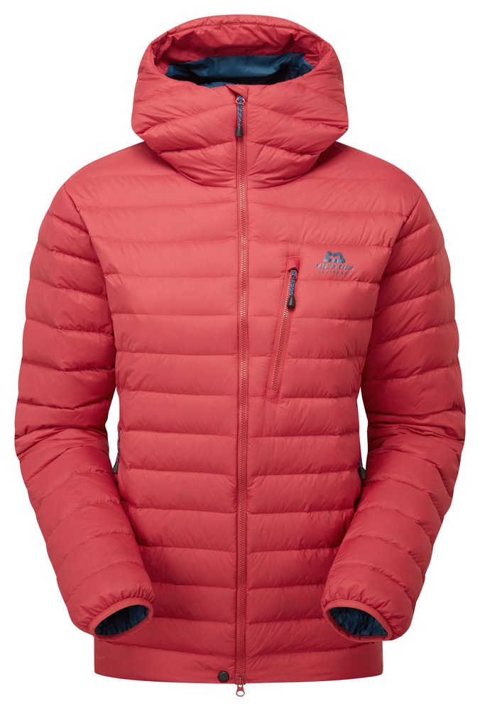 Mountain Equipment Earthrise Hooded Women's Jacket in Rosewood - front view showing 100% recycled down insulation and stitch-through baffle construction