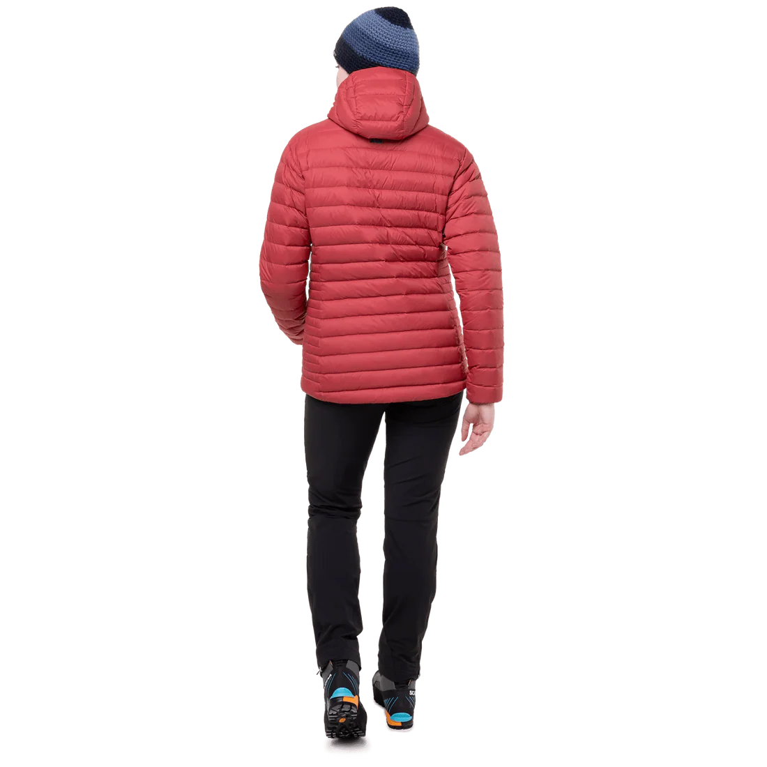 Mountain Equipment Earthrise Hooded Women's Jacket in Rosewood - hood up showing Mountain HC Insulated Hood helmet-compatible construction