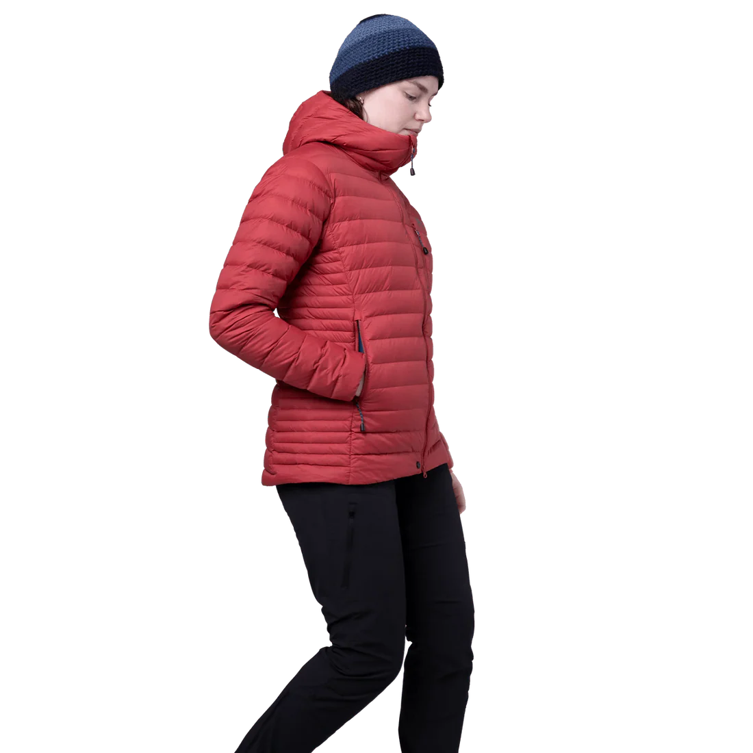 Mountain Equipment Earthrise Hooded Women's Jacket in Rosewood - side view showing fit and dual tether hem drawcords