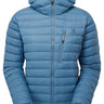 Mountain Equipment Earthrise Hooded Women's Jacket in Stellar Blue - front view showing 100% recycled down insulation and stitch-through baffle construction