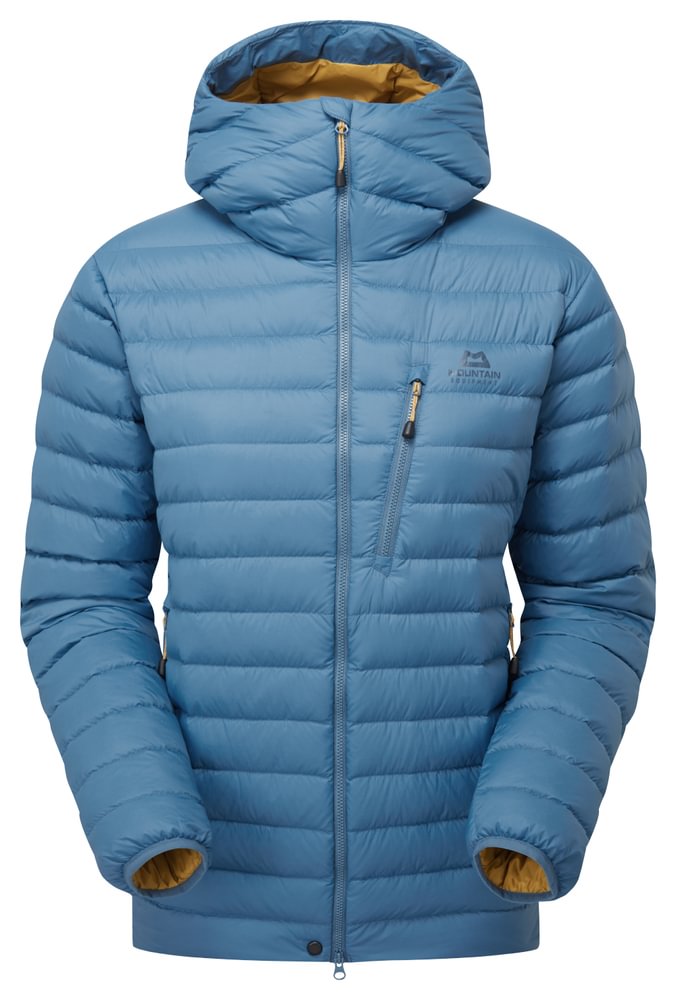 Mountain Equipment Earthrise Hooded Women's Jacket in Stellar Blue - front view showing 100% recycled down insulation and stitch-through baffle construction
