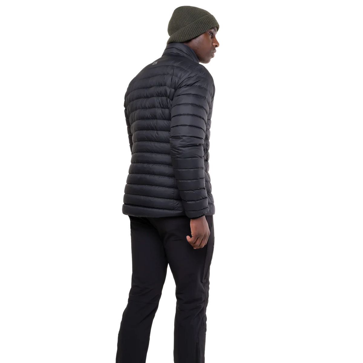 Mountain Equipment Earthrise Men's Jacket in Black - hood up showing insulated hood construction